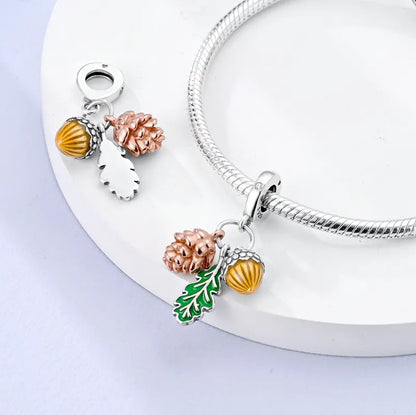 Acorn, cone and leaf - charm pendant