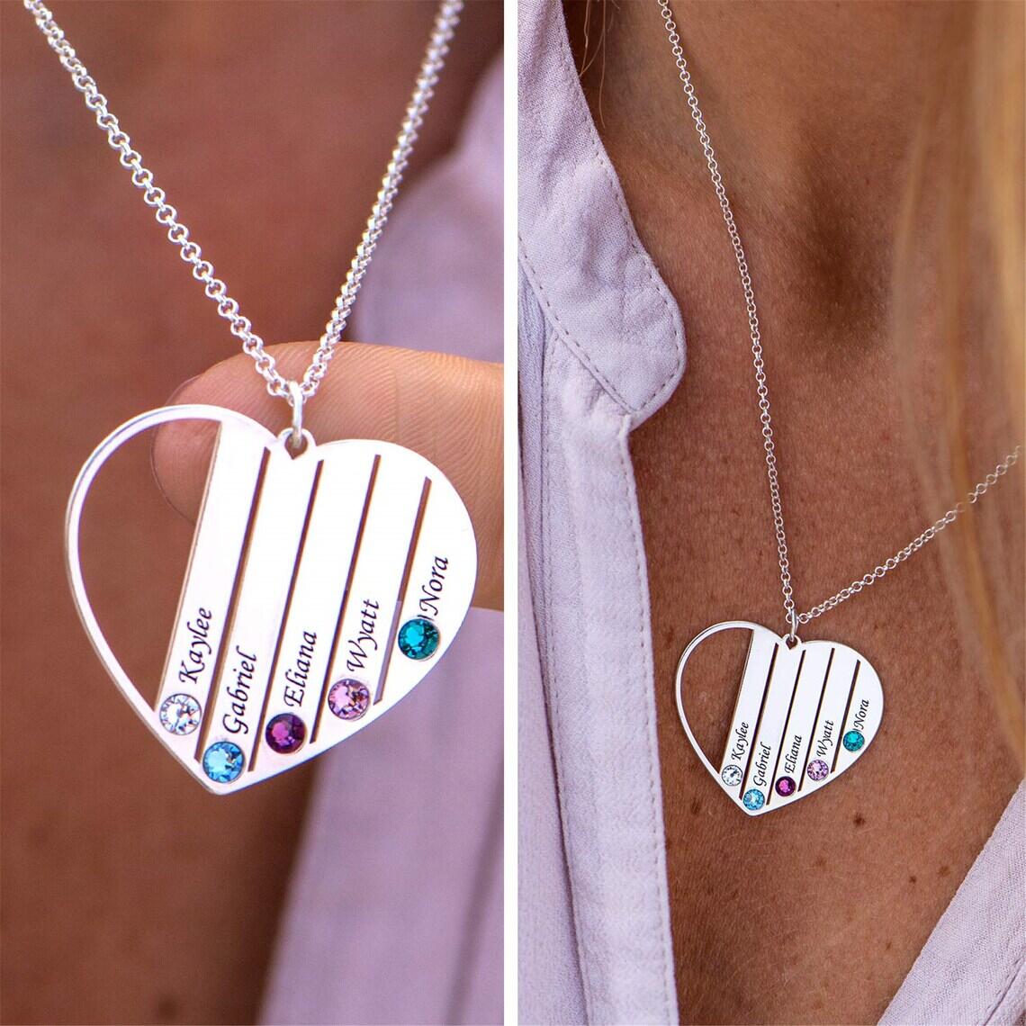 Name Necklace Heart with Birthstone - Necklace